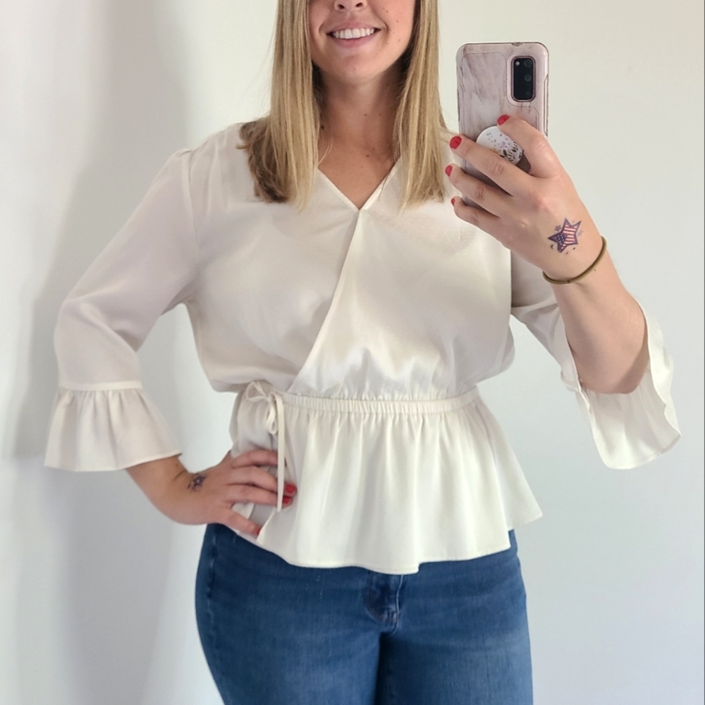 Ann Taylor Factory Cream Silk Wrap Top Blouse